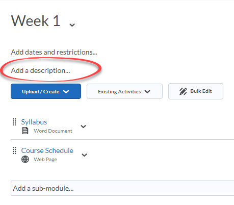 Content module with Add a description field circled in red.