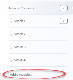 Table of Contents with Add a module area circled in red.