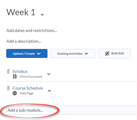 Content module with Add a submodule field circled in red.