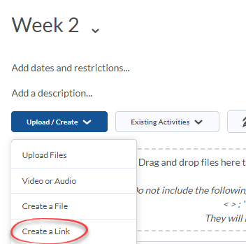 Upload/Create menu open with Create a Link option circled in red.