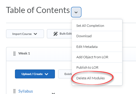 Table of Contents context menu open, with Delete All Modules circled in red.