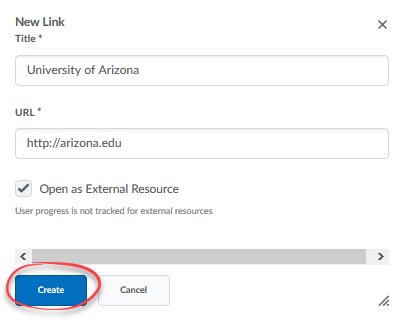 New link window with Create button circled.