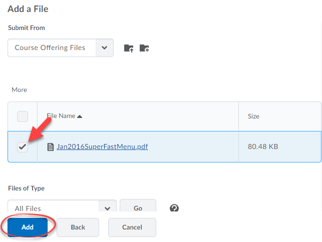 Manage files tool, with an arrow pointing to the checkbox and the Add button circled.