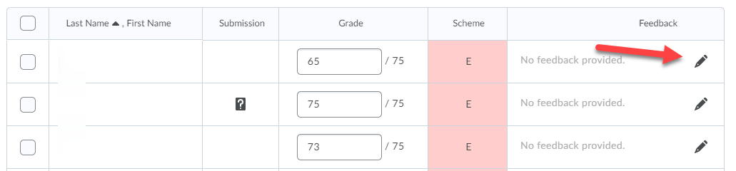 Enter Grades tool with a red arrow pointing to the pencil icon in the Feedback column.