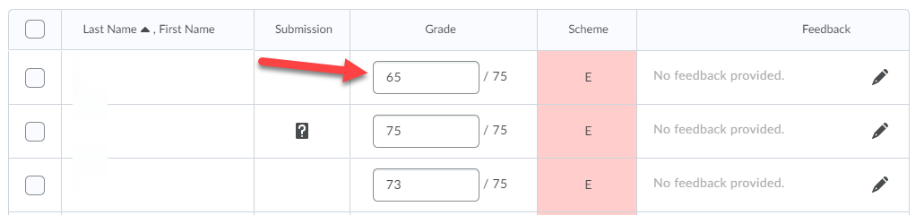 Enter grades screen with a red arrow pointing to a score entered in the Grades column.