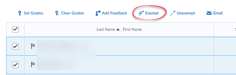 Screenshot of Enter Grades with the Exempt link circled in red.