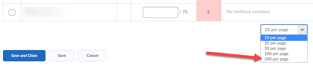 Shows dropdown menu for number of students per page, with a red arrow pointing to "200 per page".