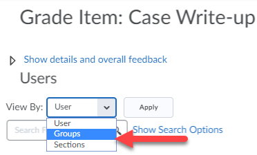 Screenshot of Enter Grades with "View By:" dropdown menu open and a red arrow pointing to Groups, Sections options.