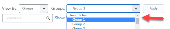 Screenshot of Enter Grades with Groups dropdown menu open and a red arrow pointing at the group names.