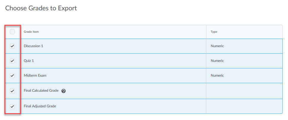 image of the choose grades section of the Export Grades page