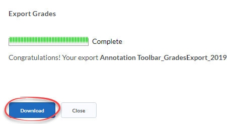 Export grades pop-up with Download button circled in red.