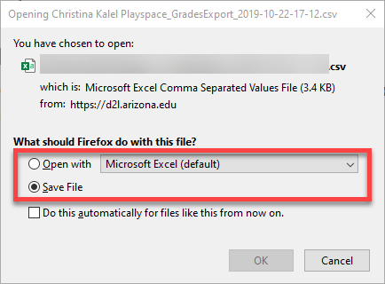 Shows options to open with Excel or Save File.