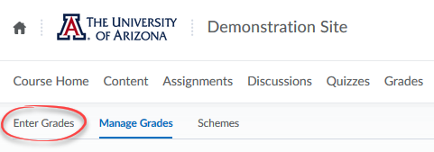 Image of Manage Grades page with the enter grades link circled