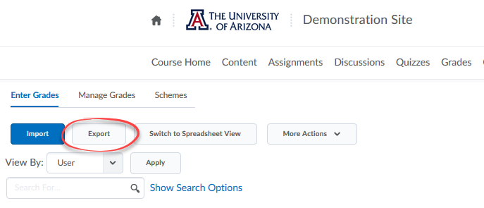 Image of Enter grades page with the Export button circled.