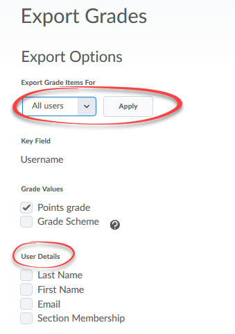 Image of the Export Options section of the Export Grades page with the filter and user details options circled.