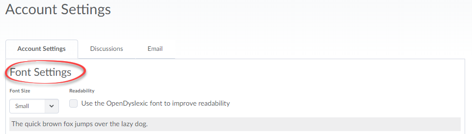 Screenshot of Account Settings tab with Font Settings circled.