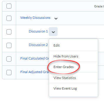 Context menu for grade item open, Enter Grades circled in red.