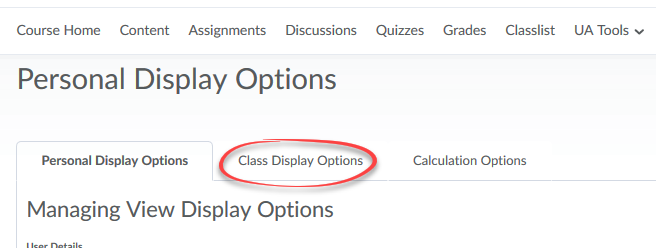 Image of Persona Display Otpions page with the Class Display options tab circled