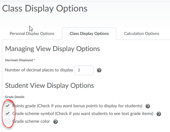 Image of class display options with the checkboxes under grade details circled