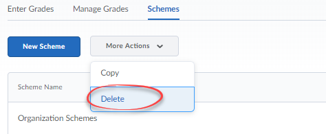 Screenshot of Schemes with More Actions expanded and Delete circled.