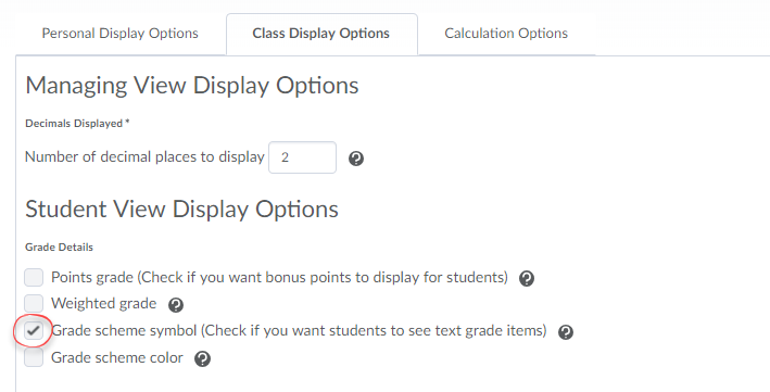 Screenshot of Grades settings display options, with the Grade scheme symbol circled.