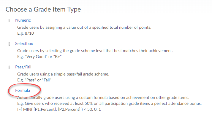 Screenshot of grade item options, with Formula circled.