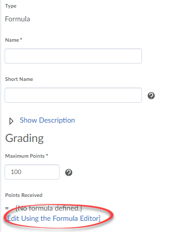 Screenshot of the Formula Editor link in grade item.