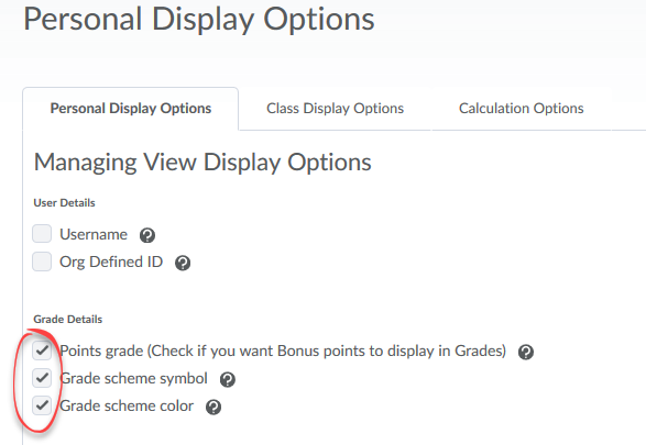 Image of Personal Display options page in grades settings with grade details checkboxes circled