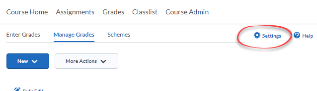 Settings link in Grades circled in red.