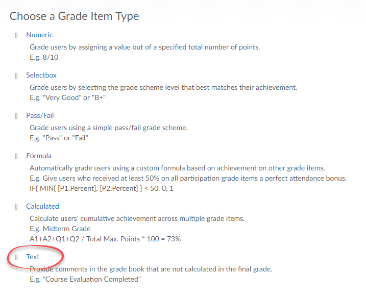 Screenshot of grade item options, with Text circled.