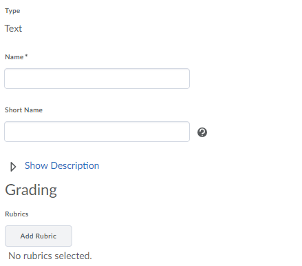 Screenshot of creating a Text grade item.