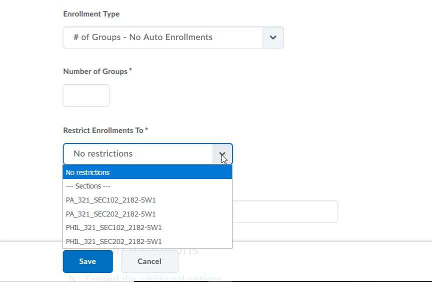 Groups - Restrict Enrollment drop-down field