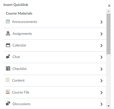 Screenshot of the Insert Quicklink menu options.