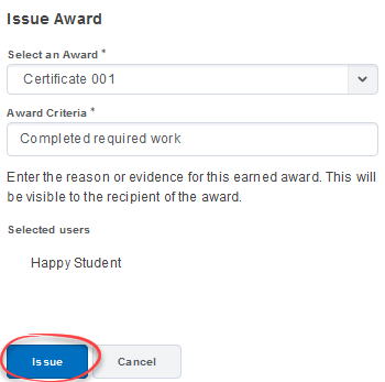 Award criteria with issue button circled.