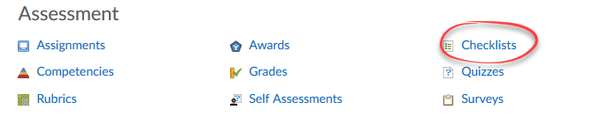 Course Admin menu with Checklists link circled.