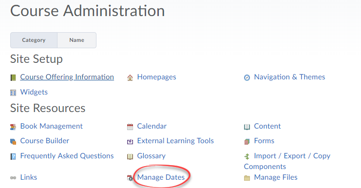 Screenshot of the Manage Dates tool in Course Admin.