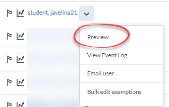 Context menu for a student selected, Preview option circled in red.