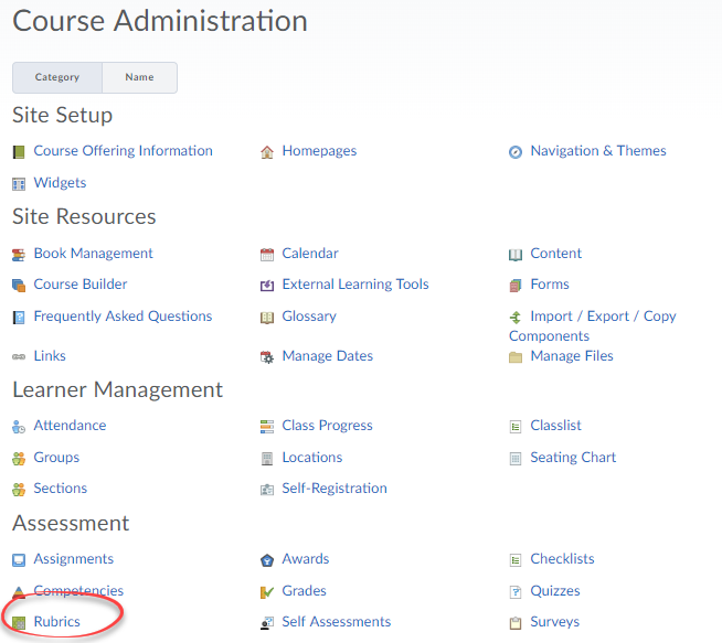 Screenshot of Course Admin with Rubrics circled.