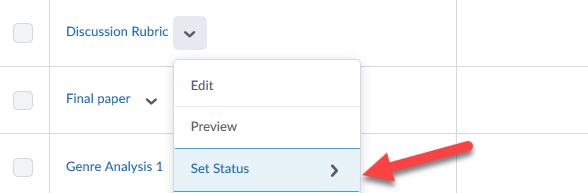 Image shows where to select Set Status to publish rubric