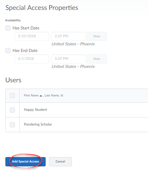 Screenshot of special access date and student selection.