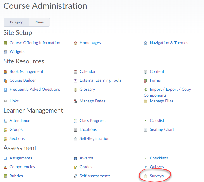 Screenshot of Course Admin with Surveys circled.