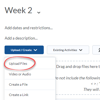 Upload/Create menu open with Upload Files option circled in red.