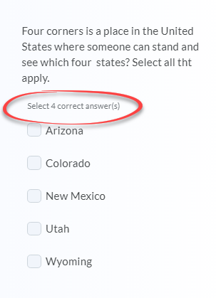 Multi-select question example telling students to select 4 correct answers from 5 possible answer choices