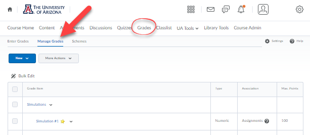 manage grades tab