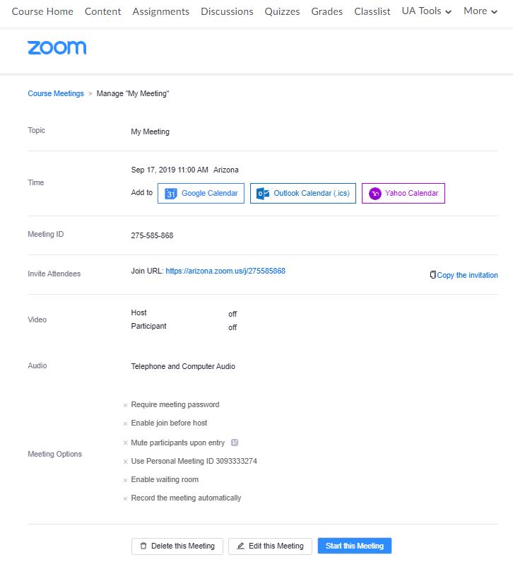 Manage D2L Meeting Page