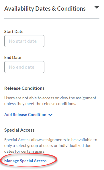 Shows the Availability Dates & Conditions menu, with Manage Special Access circled in red.