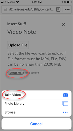 screen shot of mobile device with the Choose File button cirecled and the Take Video option circled