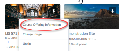 Image of context menu of a course tile with Course Offering Information circled