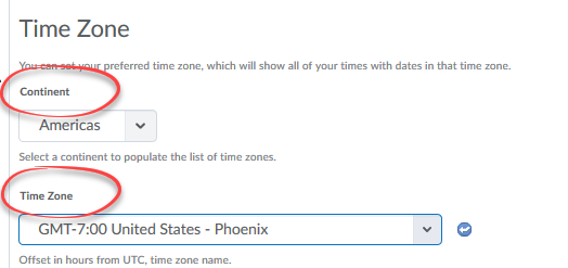 image of time zone section of settings with continent and time zone circled
