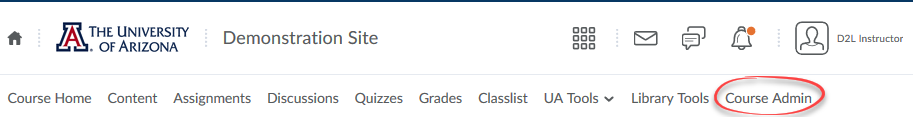 Screen shot of navigation bar with Course Admin circled